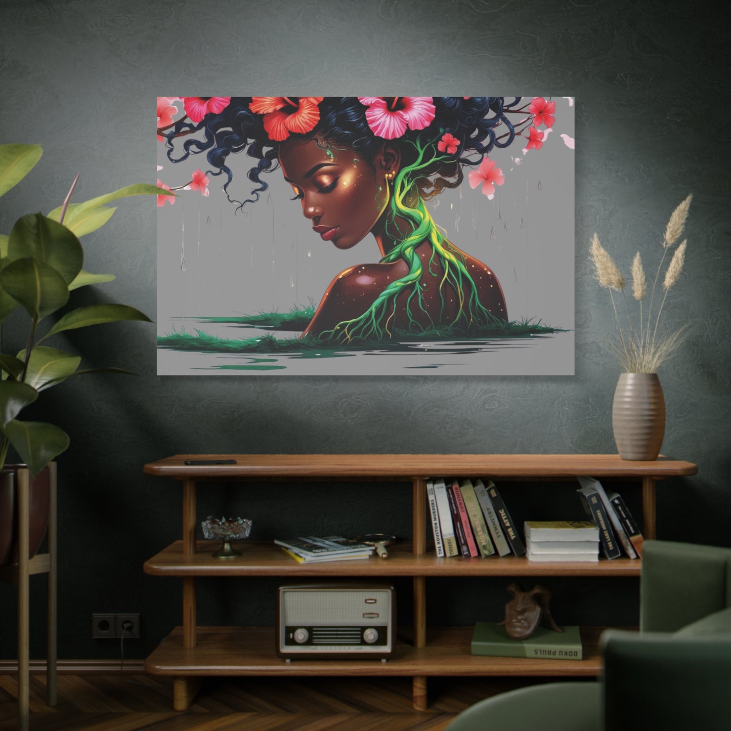 Afro Nature Goddess Matte Canvas Print — Floral Hair, Rooted Earth Wall Art