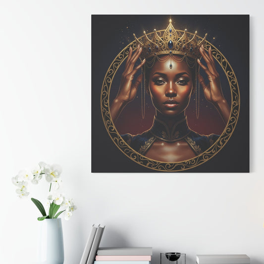 Queen Portrait Canvas Print — Regal Black Woman Wall Art, Gold Crown Decorative Matte Canvas