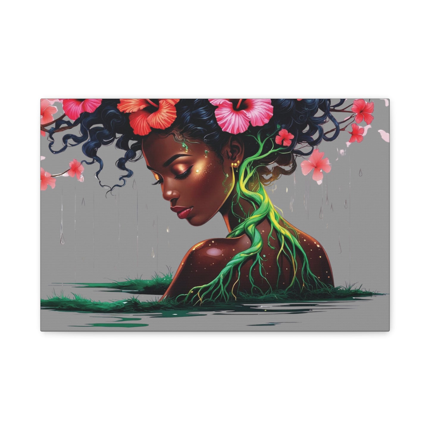 Afro Nature Goddess Matte Canvas Print — Floral Hair, Rooted Earth Wall Art
