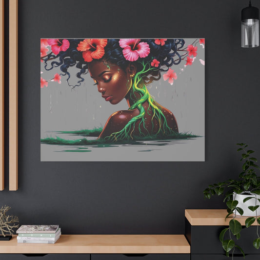Afro Nature Goddess Matte Canvas Print — Floral Hair, Rooted Earth Wall Art