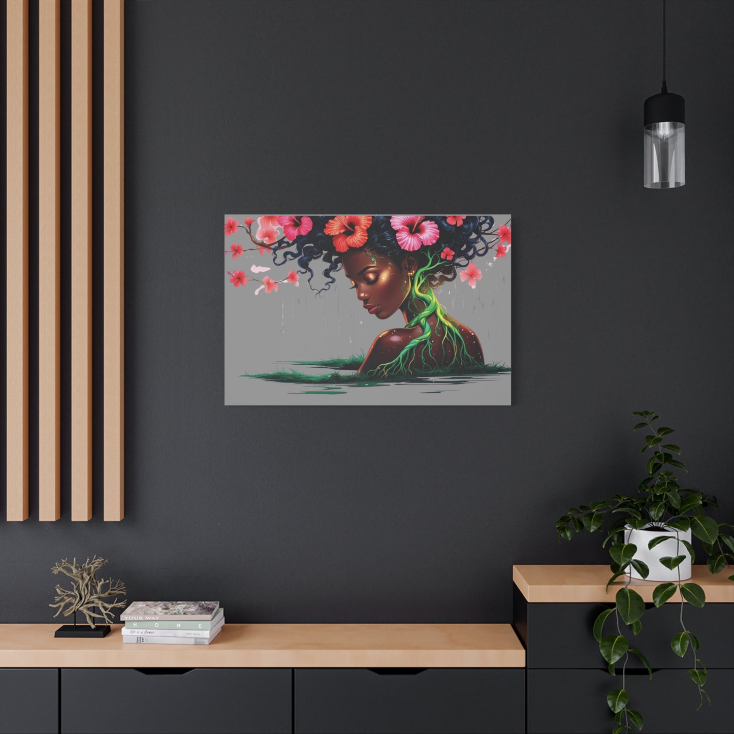 Afro Nature Goddess Matte Canvas Print — Floral Hair, Rooted Earth Wall Art