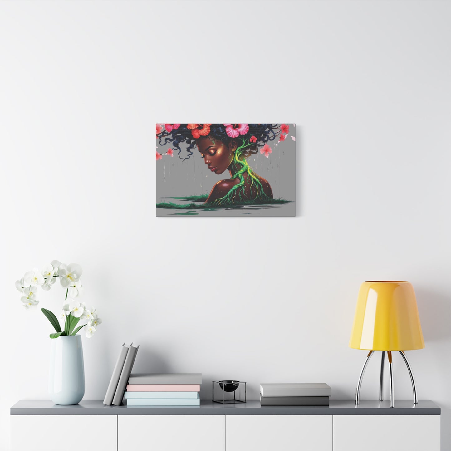 Afro Nature Goddess Matte Canvas Print — Floral Hair, Rooted Earth Wall Art