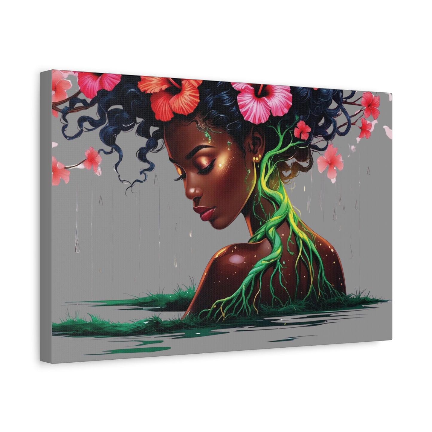 Afro Nature Goddess Matte Canvas Print — Floral Hair, Rooted Earth Wall Art