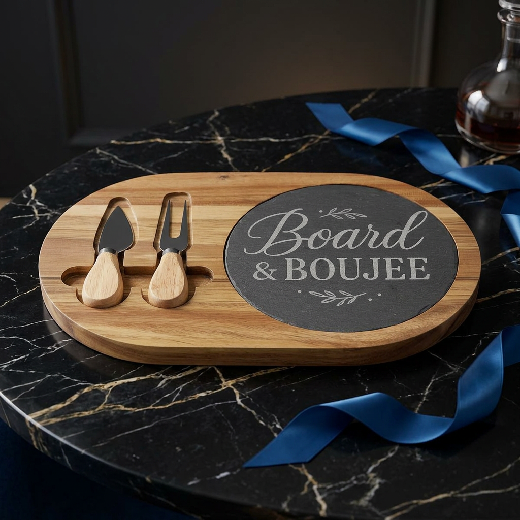 Engraved Bamboo Charcuterie Board with Slate ("Board & Boujee")