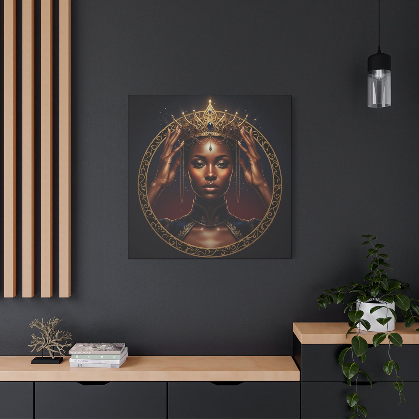 Queen Portrait Canvas Print — Regal Black Woman Wall Art, Gold Crown Decorative Matte Canvas