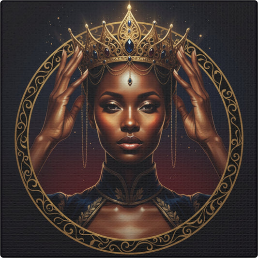 Queen Portrait Canvas Print — Regal Black Woman Wall Art, Gold Crown Decorative Matte Canvas