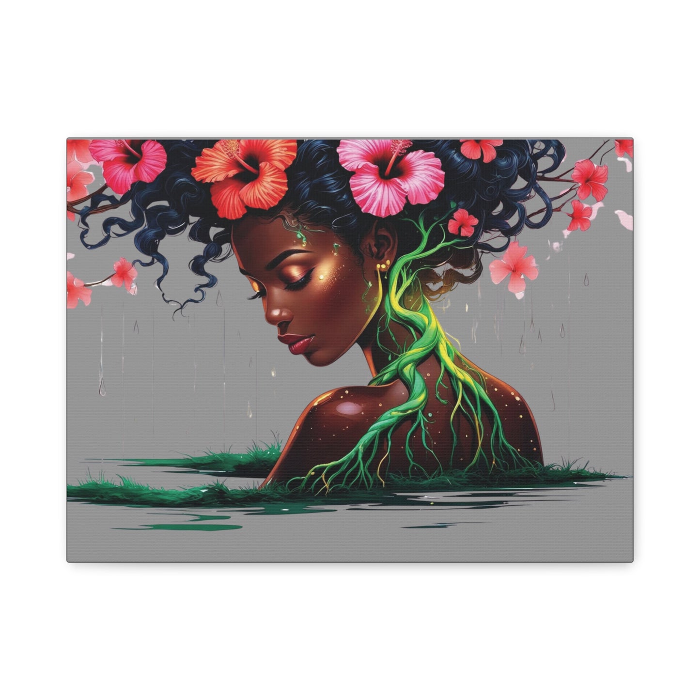 Afro Nature Goddess Matte Canvas Print — Floral Hair, Rooted Earth Wall Art