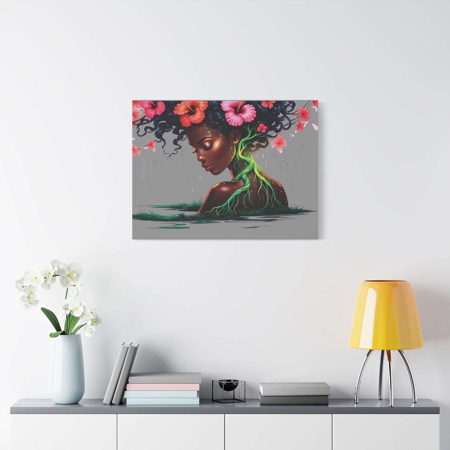 Afro Nature Goddess Matte Canvas Print — Floral Hair, Rooted Earth Wall Art
