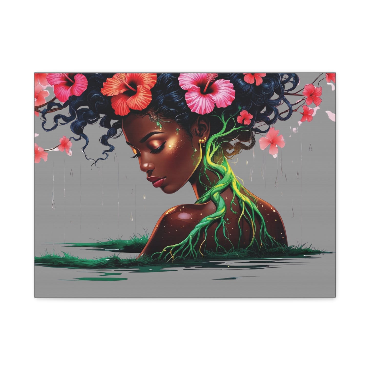 Afro Nature Goddess Matte Canvas Print — Floral Hair, Rooted Earth Wall Art