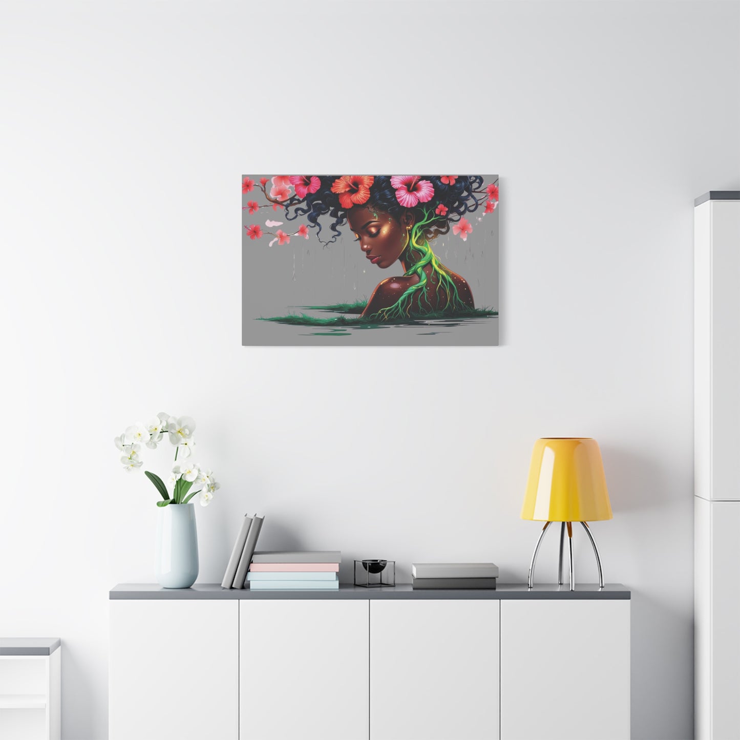 Afro Nature Goddess Matte Canvas Print — Floral Hair, Rooted Earth Wall Art