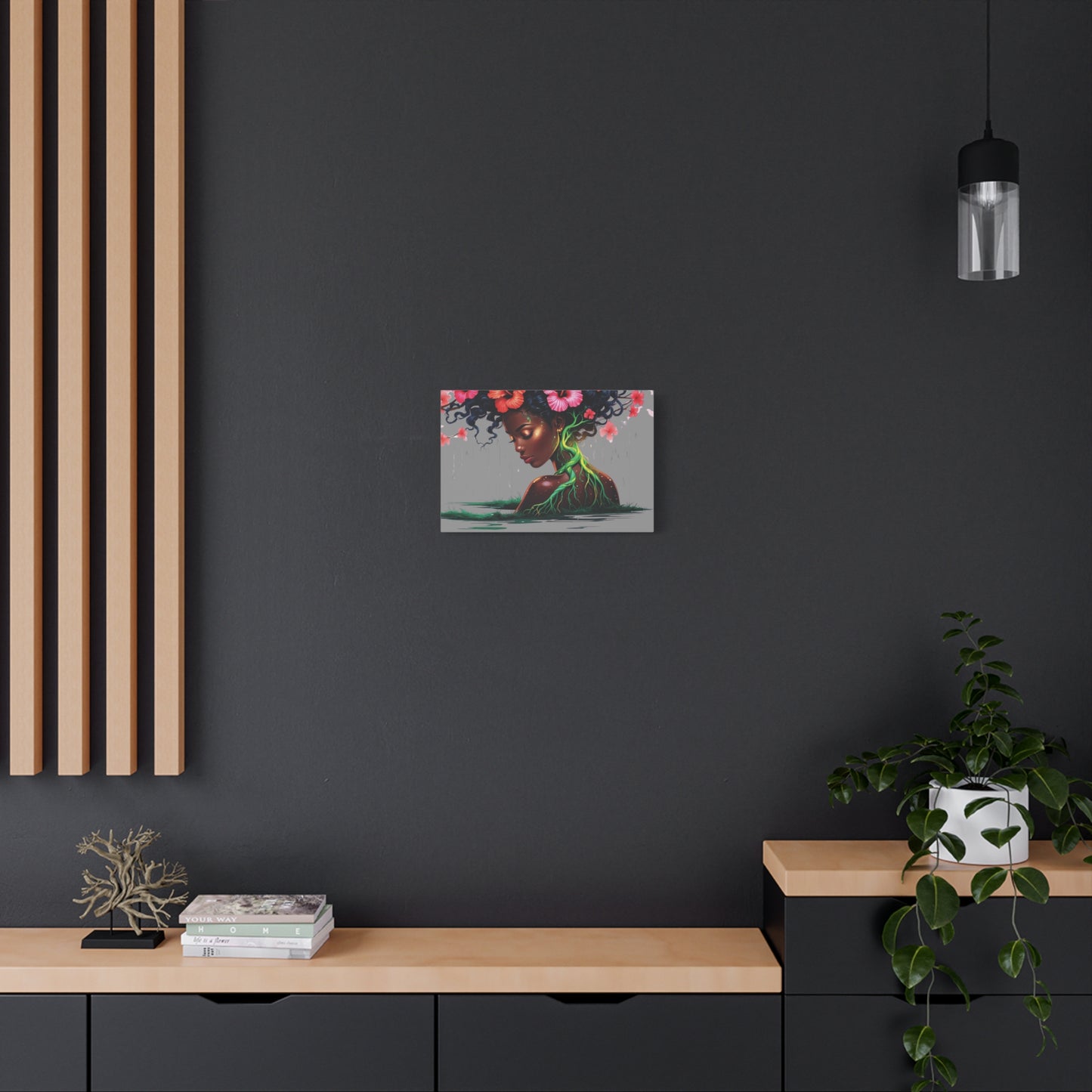 Afro Nature Goddess Matte Canvas Print — Floral Hair, Rooted Earth Wall Art