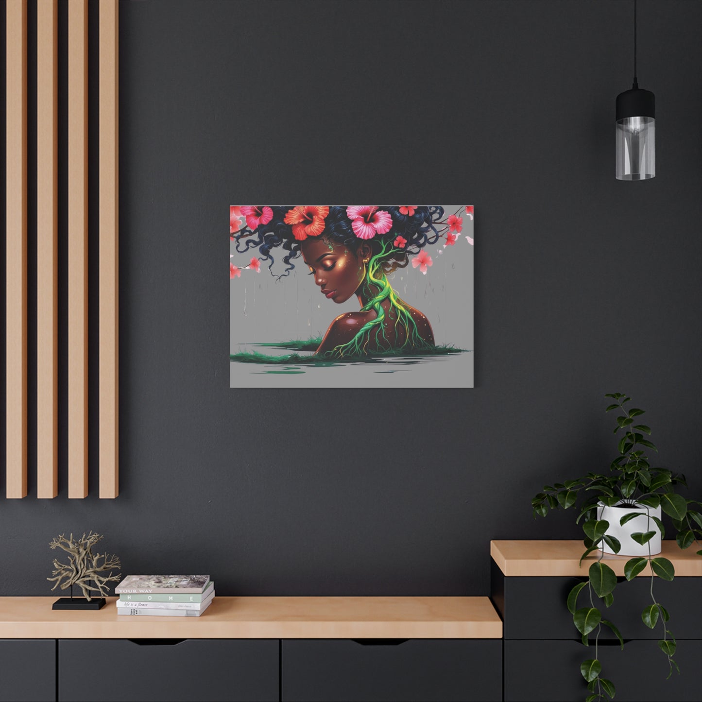 Afro Nature Goddess Matte Canvas Print — Floral Hair, Rooted Earth Wall Art