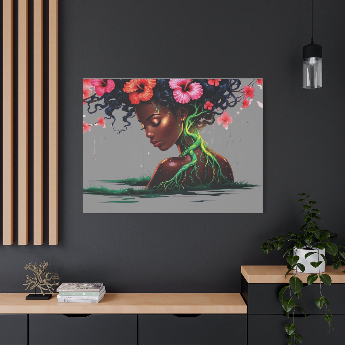 Afro Nature Goddess Matte Canvas Print — Floral Hair, Rooted Earth Wall Art