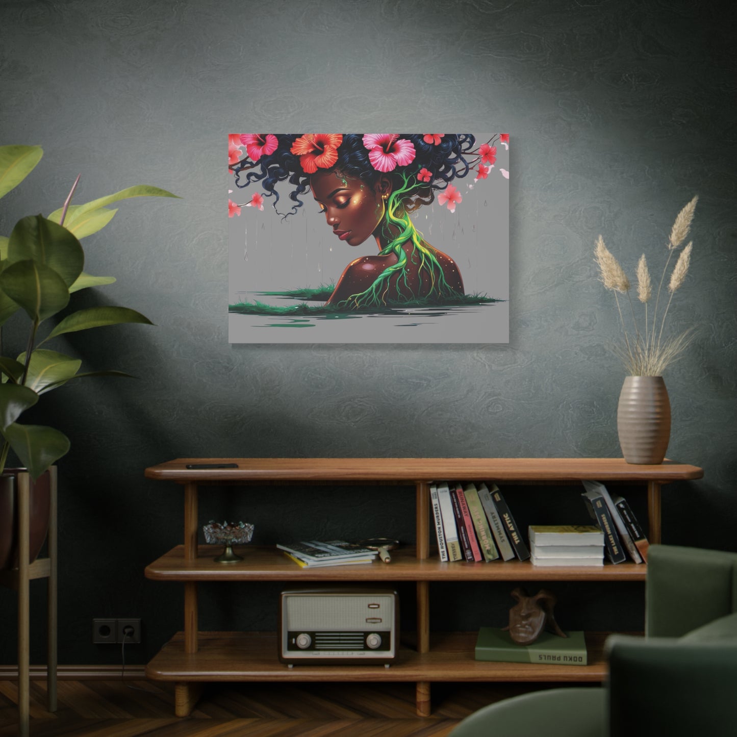 Afro Nature Goddess Matte Canvas Print — Floral Hair, Rooted Earth Wall Art
